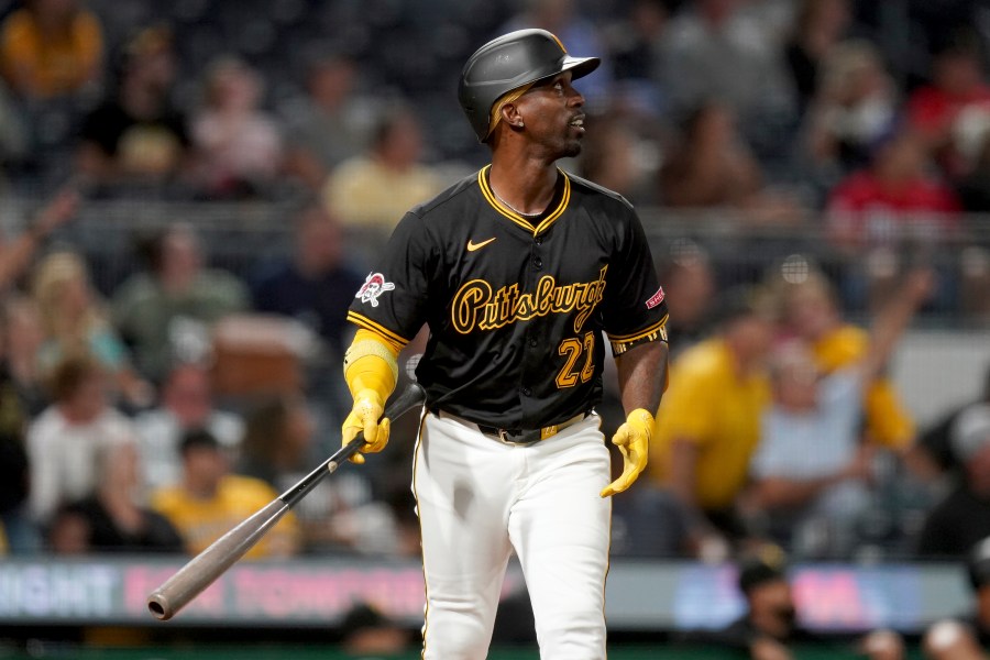 FILE - Pittsburgh Pirates' Andrew McCutchen watches his three-run home run during the fifth inning of a baseball game against the Miami Marlins, Tuesday, Sept. 10, 2024, in Pittsburgh. (AP Photo/Matt Freed, File)