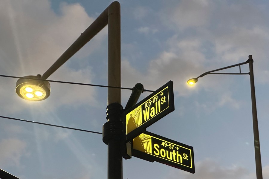 FILE - Signs mark the intersection of Wall and South Streets in New York's Financial District on Nov. 26, 2024. (AP Photo/Peter Morgan, File)