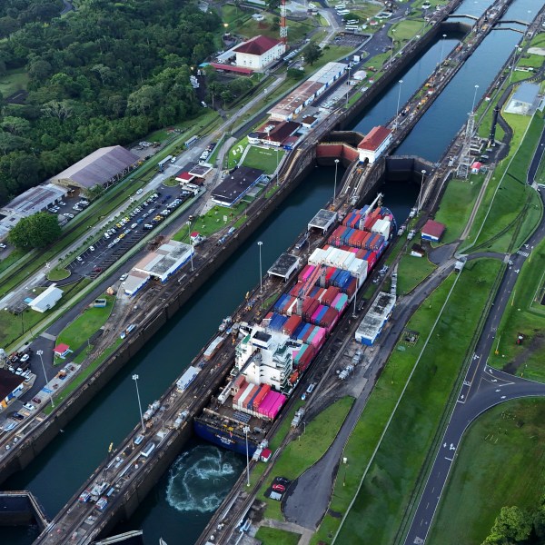 FILE - A cargo ship traverses the Agua Clara Locks of the Panama Canal in Colon, Panama, Sept. 2, 2024. (AP Photo/Matias Delacroix, File)