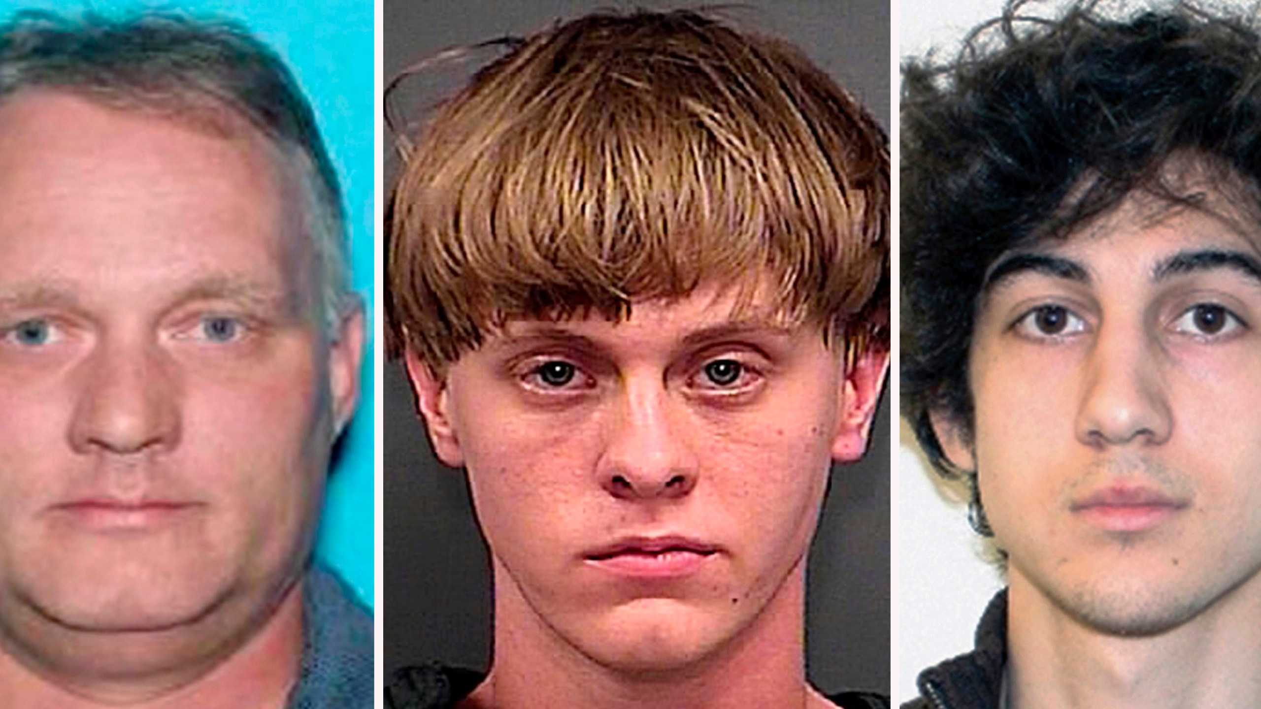 This combination photo shows federal death row inmates Robert Bowers, from left, the gunman who massacred 11 worshippers at a Pittsburgh synagogue in 2018, Dylann Roof, who commited racist slayings of nine members of a Black South Carolina congregation, and Dzhokhar Tsarnaev, convicted for carrying out the April 15, 2013, Boston Marathon bombing attack. President Joe Biden commuted the sentences of 37 of the 40 people on federal death row, converting their punishments to life imprisonment, but left Bowers, Roof and Tsarnaev still facing execution. (Pennsylvania Department of Transportation, from left, Charleston County Sheriff's Office, FBI via AP)