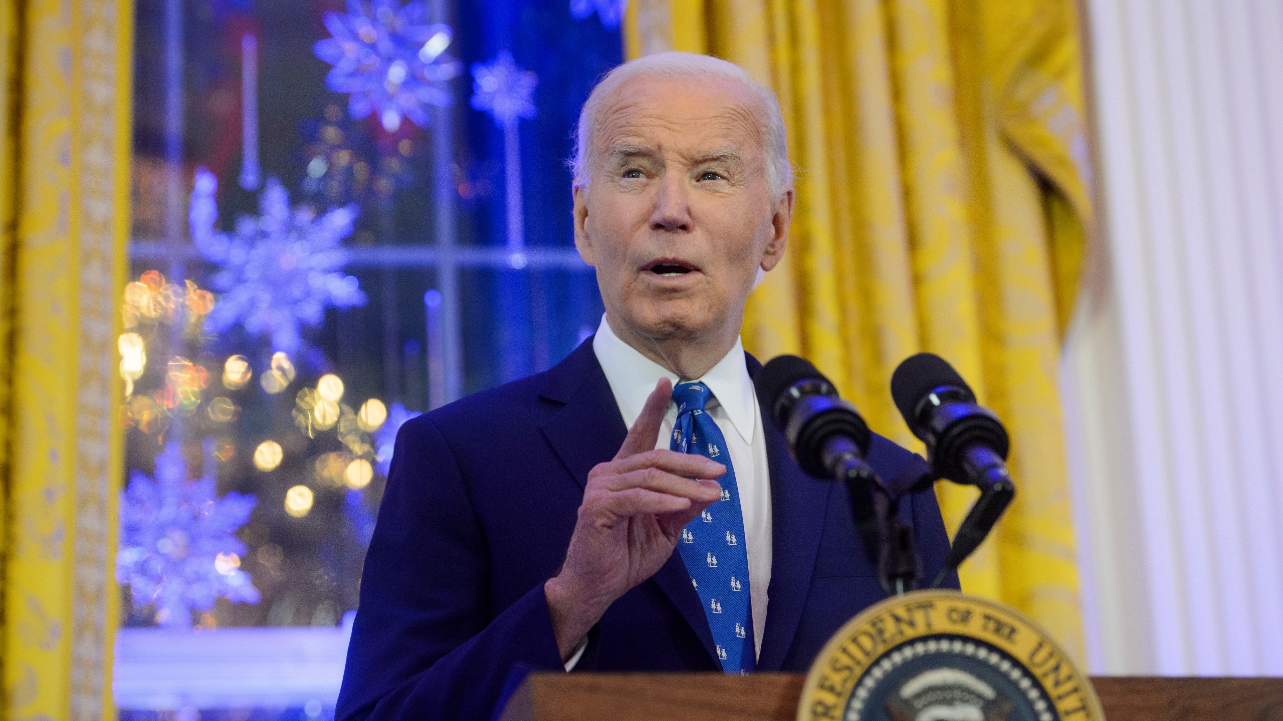 President Joe Biden speaks during a Hanukkah reception in the East Room of the White House in Washington, Monday, Dec. 16, 2024. (AP Photo/Rod Lamkey, Jr.)