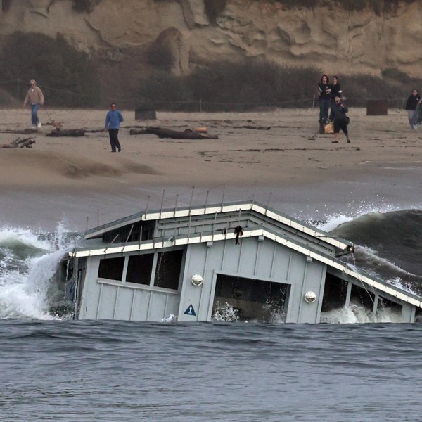 A building from a wharf collapse floats in the ocean Monday, Dec. 23, 2024, in Santa Cruz, Calif. (Shmuel Thaler/The Santa Cruz Sentinel via AP)