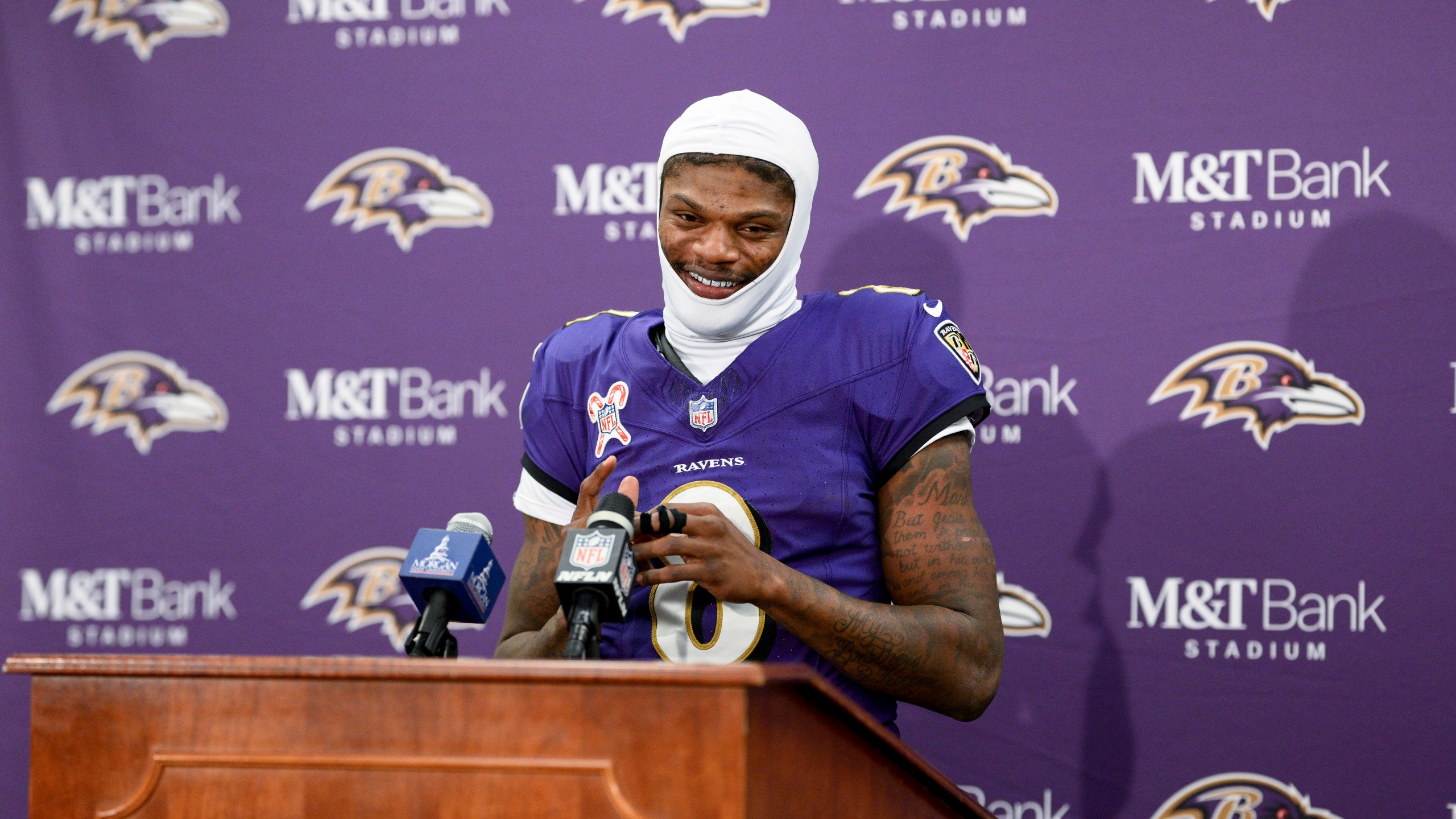 Baltimore Ravens quarterback Lamar Jackson talks to reporters following an NFL football game against the Pittsburgh Steelers, Saturday, Dec. 21, 2024, in Baltimore. The Ravens won 34-17. (AP Photo/Nick Wass)