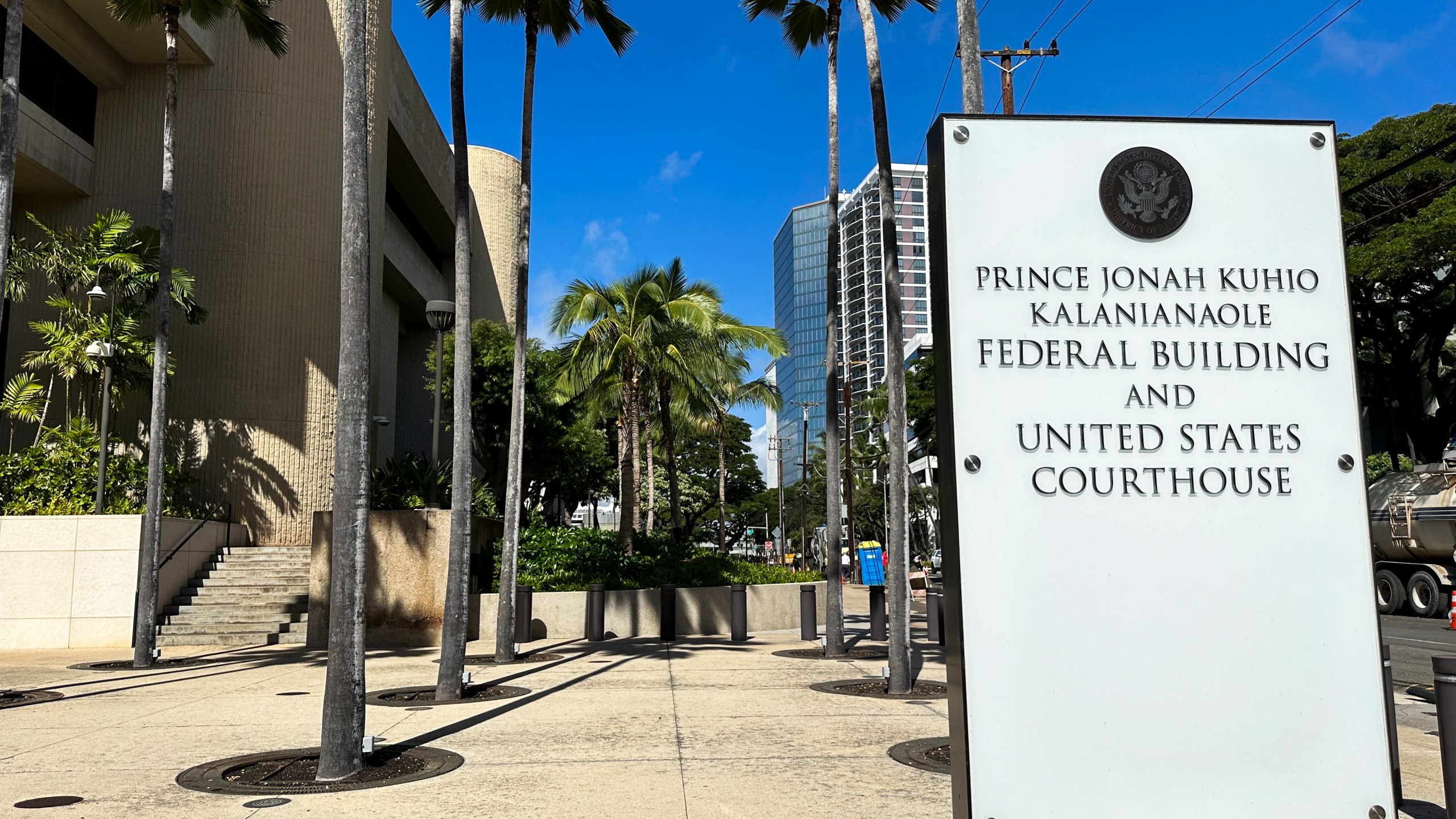 FILE - A sign for the Prince Jonah Kuhio Kalanianaole Federal Building and Courthouse is displayed outside the courthouse on Monday, Jan. 22, 2024, in Honolulu. (AP Photo/Jennifer Kelleher, File)