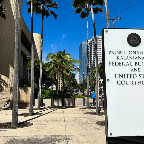 FILE - A sign for the Prince Jonah Kuhio Kalanianaole Federal Building and Courthouse is displayed outside the courthouse on Monday, Jan. 22, 2024, in Honolulu. (AP Photo/Jennifer Kelleher, File)