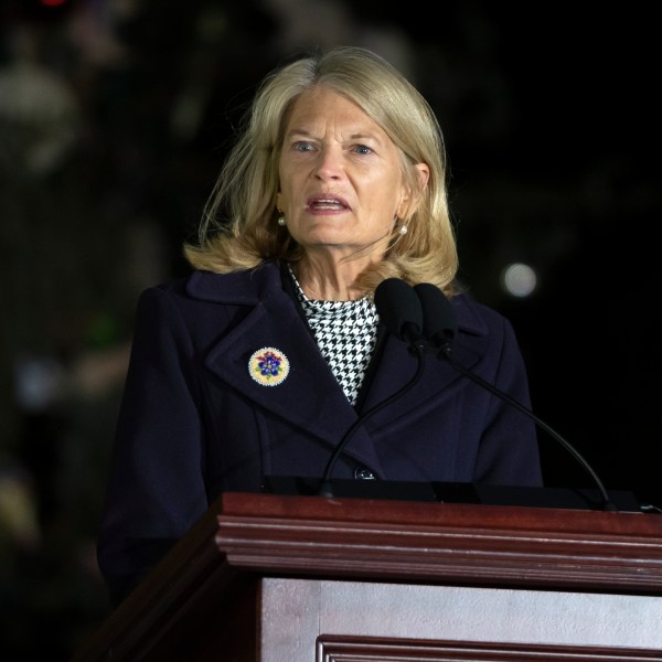 Sen. Lisa Murkowski, R-Alaska, speaks during the U.S. Capitol Christmas tree lighting ceremony on the West Front of the Capitol, Tuesday, Dec. 3, 2024, in Washington. (AP Photo/Mark Schiefelbein)