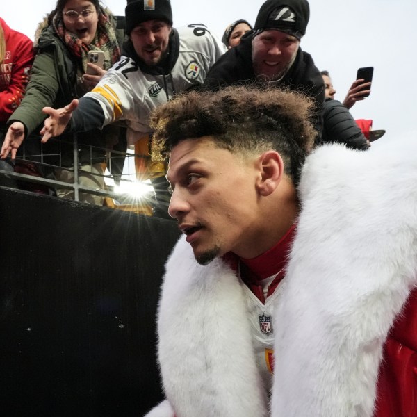 Fans cheer for Kansas City Chiefs quarterback Patrick Mahomes after an NFL football game against the Pittsburgh Steelers, Wednesday, Dec. 25, 2024, in Pittsburgh. (AP Photo/Gene J. Puskar)