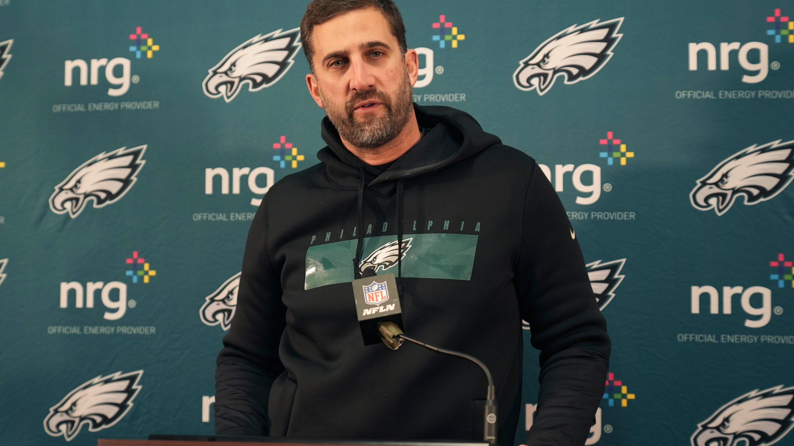 Philadelphia Eagles head coach Nick Sirianni speaks to members of the media after an NFL football game against the Washington Commanders, Sunday, Dec. 22, 2024, in Landover, Md. (AP Photo/Stephanie Scarbrough)