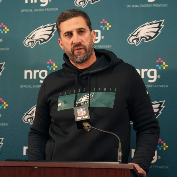 Philadelphia Eagles head coach Nick Sirianni speaks to members of the media after an NFL football game against the Washington Commanders, Sunday, Dec. 22, 2024, in Landover, Md. (AP Photo/Stephanie Scarbrough)