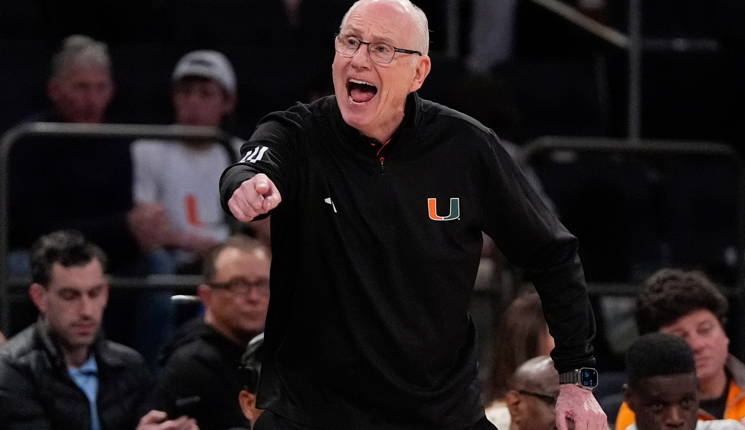 Miami head coach Jim Larranaga yells from the sideline during the first half of an NCAA college basketball game against Tennessee, Tuesday, Dec. 10, 2024, in New York. (AP Photo/Julia Demaree Nikhinson)