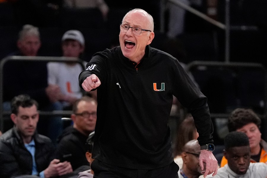 Miami head coach Jim Larranaga yells from the sideline during the first half of an NCAA college basketball game against Tennessee, Tuesday, Dec. 10, 2024, in New York. (AP Photo/Julia Demaree Nikhinson)