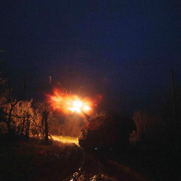 A Ukrainian AS-90 self-propelled artillery vehicle fires towards Russian positions at the frontline on Pokrovsk direction, Donetsk region, Ukraine, Wednesday, Dec. 23, 2024. (AP Photo/Evgeniy Maloletka)