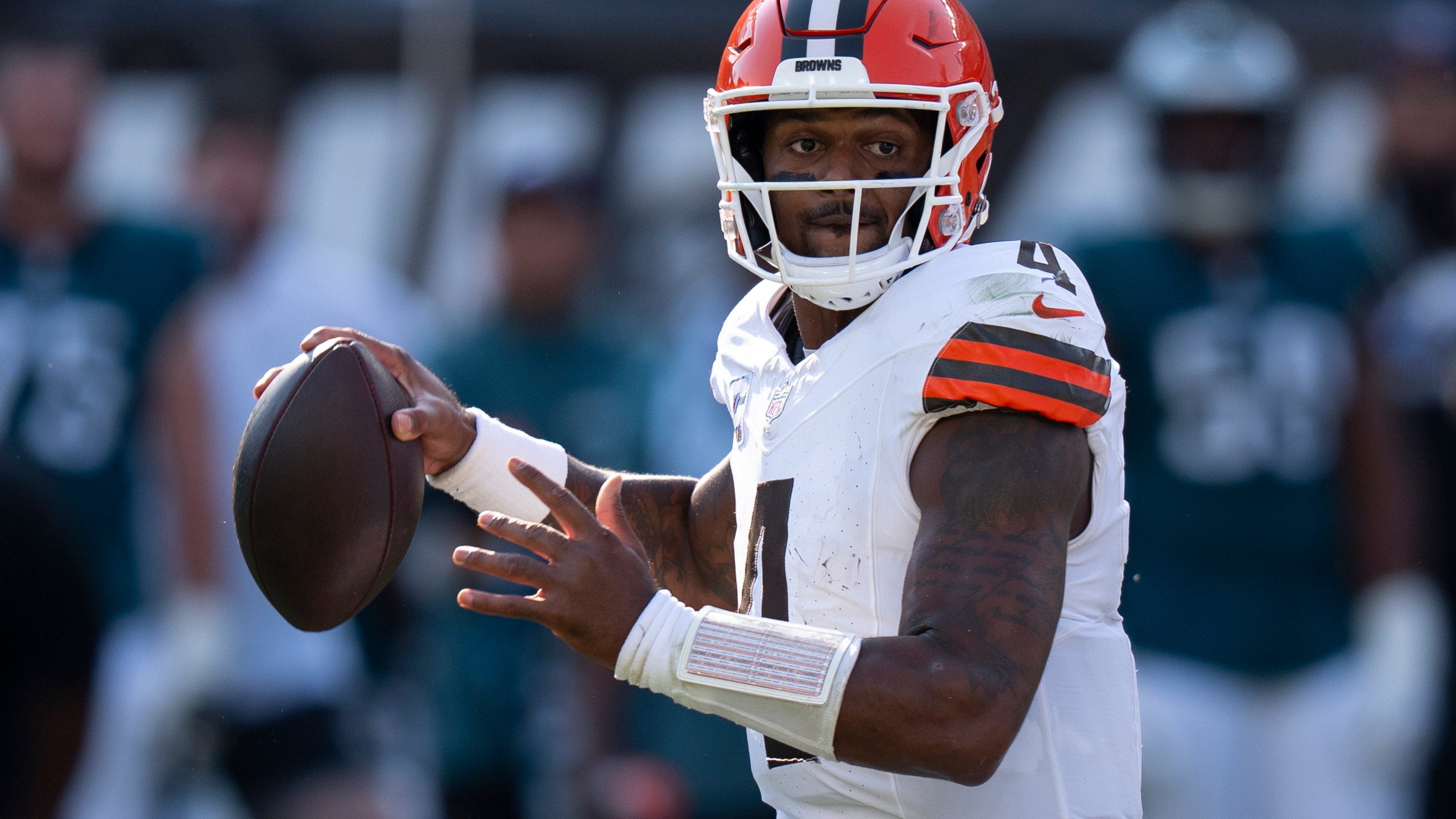 FILE - Cleveland Browns quarterback Deshaun Watson (4) in action during the NFL football game against the Philadelphia Eagles on Oct. 13, 2024, in Philadelphia. (AP Photo/Chris Szagola, File)