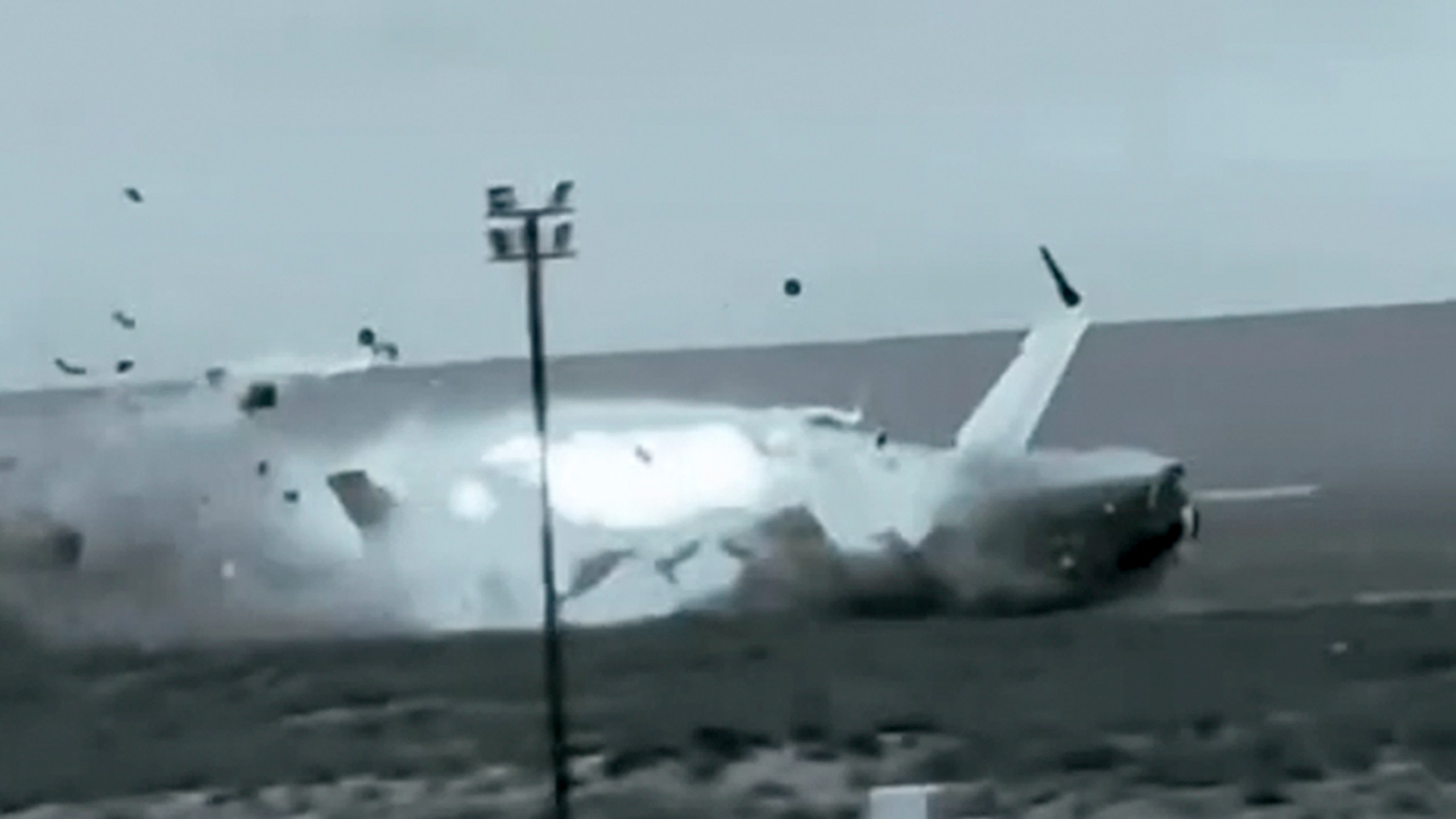 This image from video released by Kazakhstan Emergency Ministry Press Service on Friday, Dec. 27, 2024, shows the crash landing of the Azerbaijan Airlines' Embraer 190 on the ground near the airport of Aktau, Kazakhstan, on Thursday, Dec. 26, 2024. (Kazakhstan Emergency Ministry Press Service via AP)