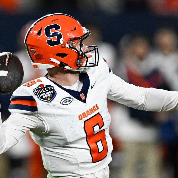 Syracuse quarterback Kyle McCord (6) passes during the first half of the Holiday Bowl NCAA college football game against Washington State Friday, Dec. 27, 2024, in San Diego. (AP Photo/Denis Poroy)