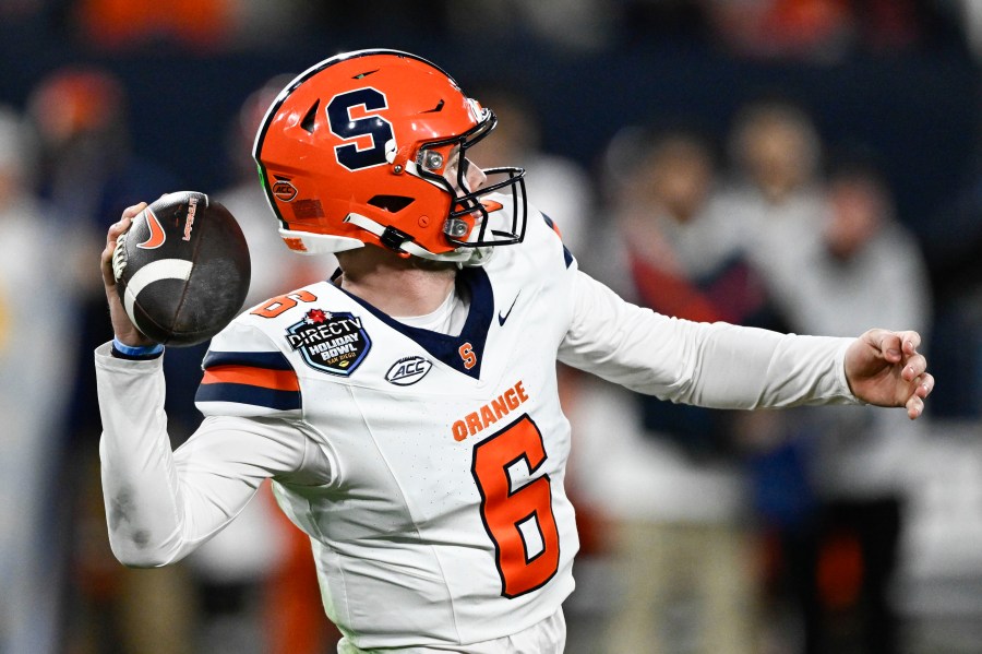 Syracuse quarterback Kyle McCord (6) passes during the first half of the Holiday Bowl NCAA college football game against Washington State Friday, Dec. 27, 2024, in San Diego. (AP Photo/Denis Poroy)