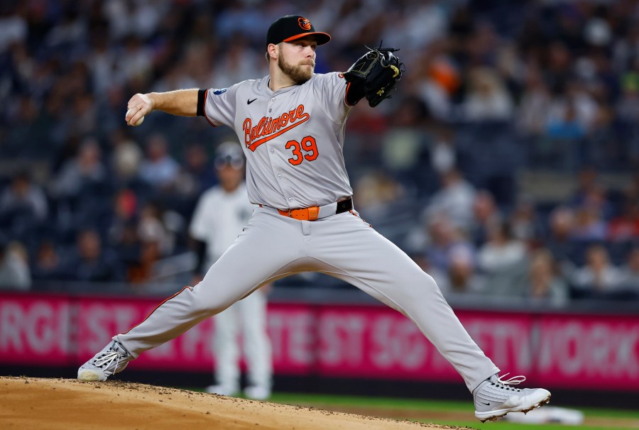 FILE - Baltimore Orioles' Corbin Burnes pitches during the first inning of a baseball game against New York Yankees, Thursday, Sept. 26, 2024, in New York. (AP Photo/Noah K. Murray, File)