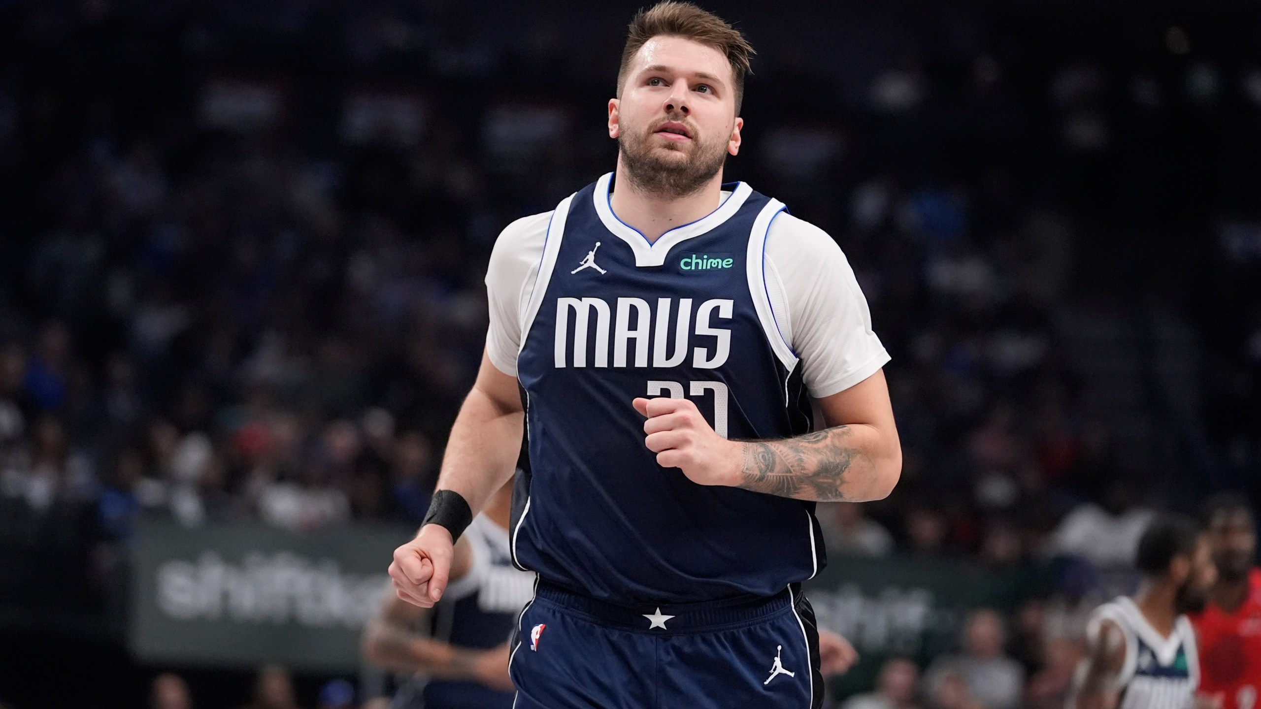 Dallas Mavericks guard Luka Doncic runs during the first half of an NBA basketball game against the Portland Trail Blazers, Monday, Dec. 23, 2024, in Dallas. (AP Photo/LM Otero)