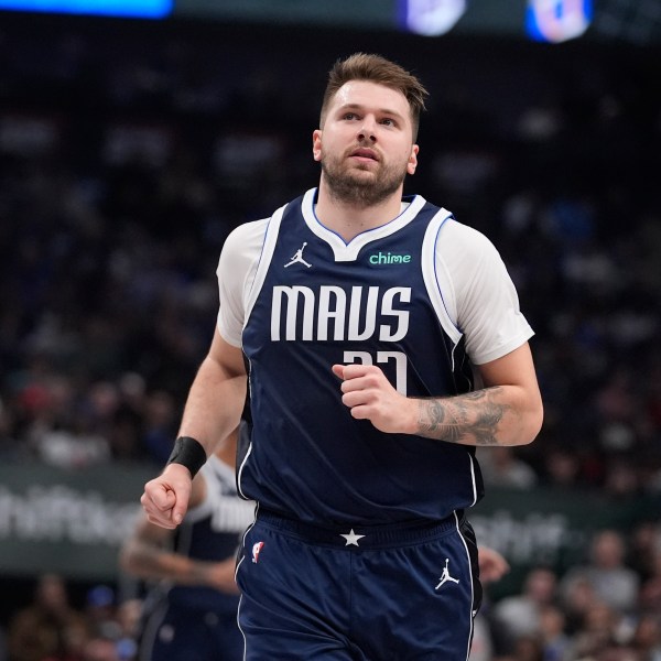 Dallas Mavericks guard Luka Doncic runs during the first half of an NBA basketball game against the Portland Trail Blazers, Monday, Dec. 23, 2024, in Dallas. (AP Photo/LM Otero)