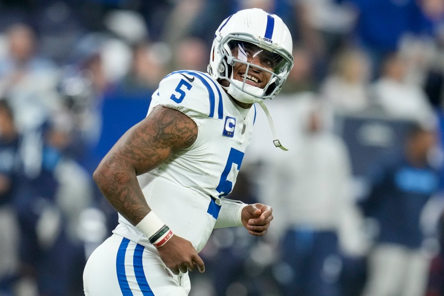 Indianapolis Colts quarterback Anthony Richardson (5) celebrates the team's touchdown during the first half of an NFL football game against the Tennessee Titans, Sunday, Dec. 22, 2024, in Indianapolis. (AP Photo/Darron Cummings)