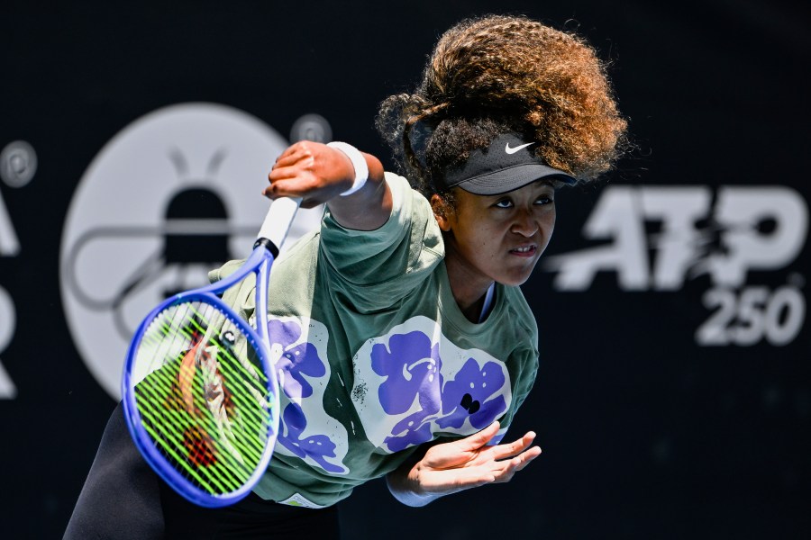 Naomi Osaka of Japan returns a shot during a practice session at Manuka Doctor Arena in Auckland, New Zealand, Sunday, Dec. 29, 2024, ahead of the ASB Classic tennis tournament. (Alan Lee/Photosport via AP)