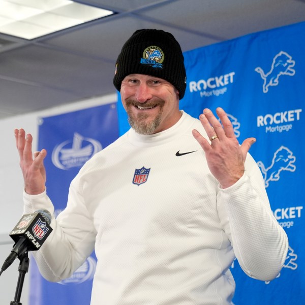 Detroit Lions head coach Dan Campbell reacts as he talks to reporters after an NFL football game against the Chicago Bears on Sunday, Dec. 22, 2024, in Chicago. (AP Photo/Erin Hooley)