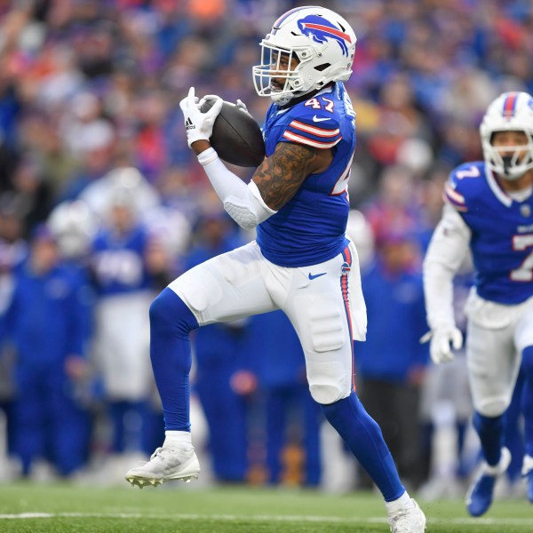 Buffalo Bills defensive end AJ Epenesa (57) intercepts a pass during the second half of an NFL football game against the New York Jets, Sunday, Dec. 29, 2024, in Orchard Park, N.Y. (AP Photo/Adrian Kraus)