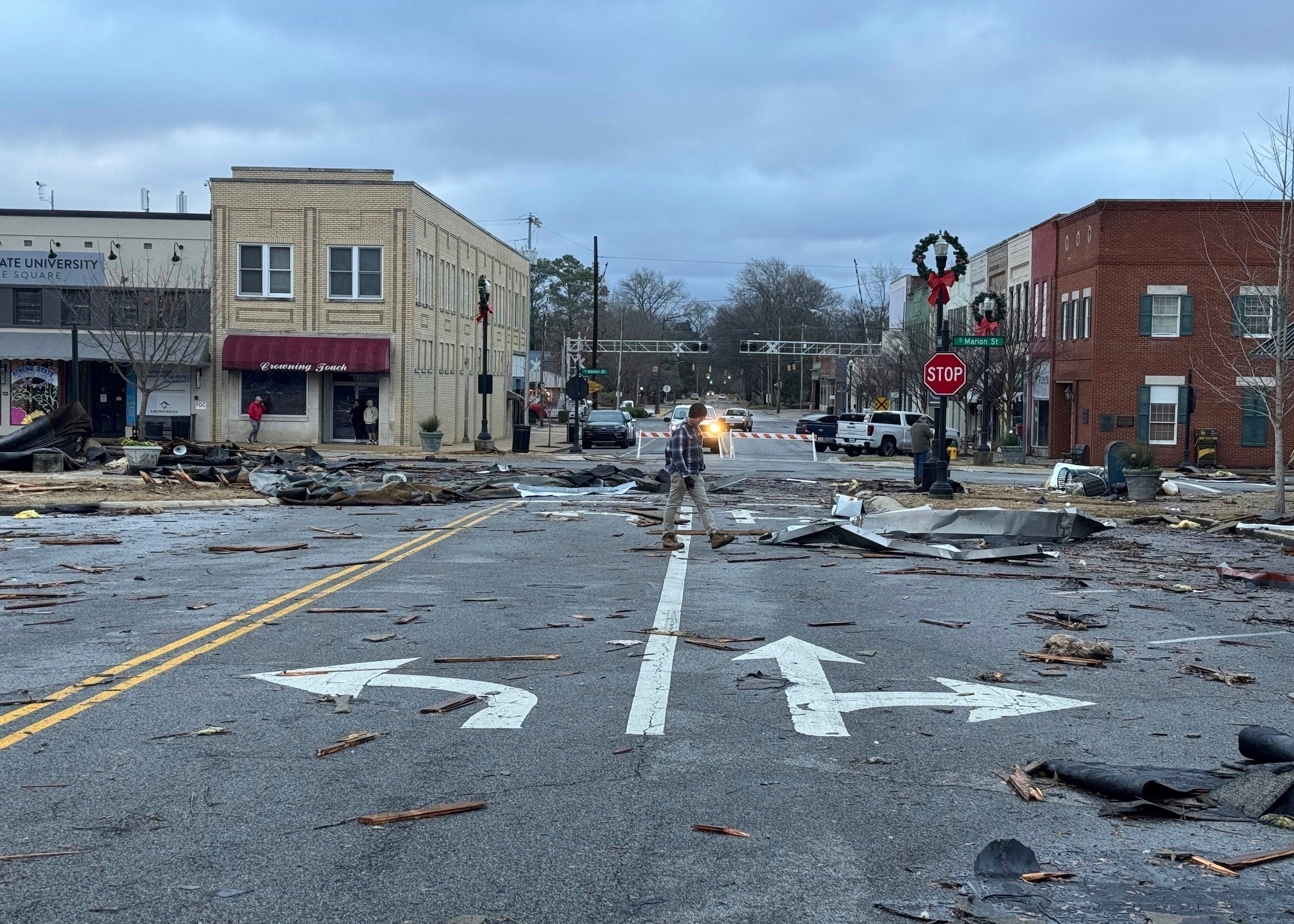 Damage from a storm through that rolled through the night before is seen at the heart of downtown on Sunday, Dec. 29, 2024, in Athens, Ala. (AP Photo/Lance George)