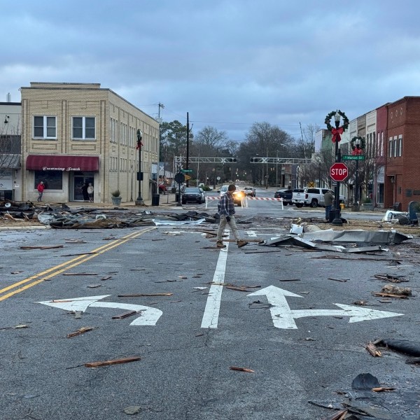 Damage from a storm through that rolled through the night before is seen at the heart of downtown on Sunday, Dec. 29, 2024, in Athens, Ala. (AP Photo/Lance George)