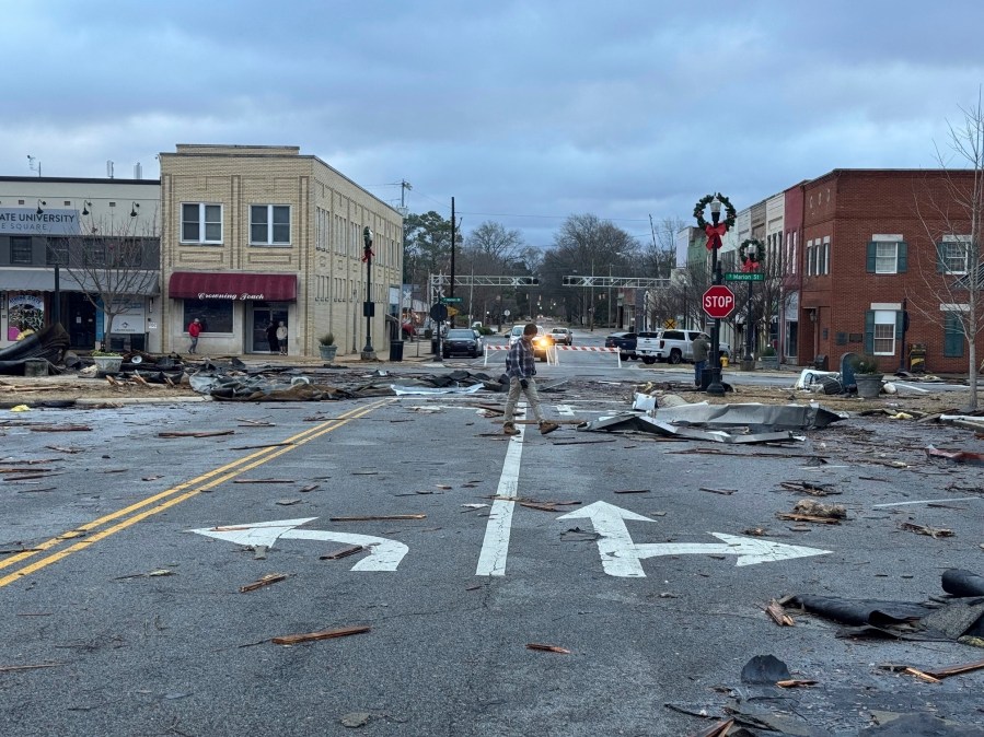 Damage from a storm through that rolled through the night before is seen at the heart of downtown on Sunday, Dec. 29, 2024, in Athens, Ala. (AP Photo/Lance George)