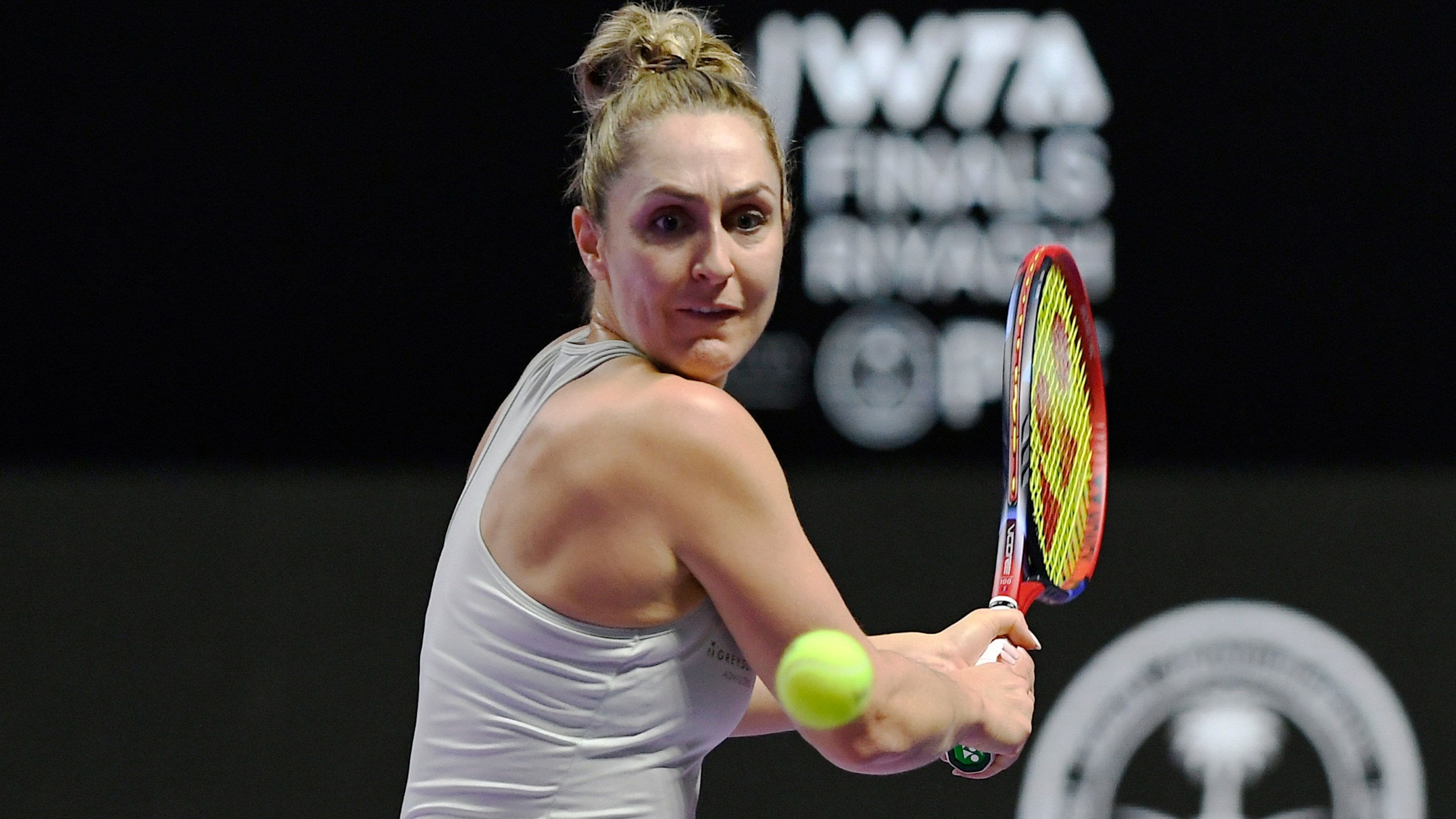 FILE - Canada's Gabriela Dabrowski plays a shot next to New Zealand's Erin Routliffe during their women's doubles match against Taylor Townsend of the U.S. and Katerina Siniakova of the Czech Republic in the final of the WTA finals at King Saud University Indoor Arena, in Riyadh, Saudi Arabia, Saturday, Nov. 9, 2024. (AP Photo, File)