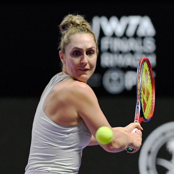 FILE - Canada's Gabriela Dabrowski plays a shot next to New Zealand's Erin Routliffe during their women's doubles match against Taylor Townsend of the U.S. and Katerina Siniakova of the Czech Republic in the final of the WTA finals at King Saud University Indoor Arena, in Riyadh, Saudi Arabia, Saturday, Nov. 9, 2024. (AP Photo, File)