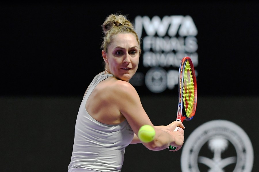 FILE - Canada's Gabriela Dabrowski plays a shot next to New Zealand's Erin Routliffe during their women's doubles match against Taylor Townsend of the U.S. and Katerina Siniakova of the Czech Republic in the final of the WTA finals at King Saud University Indoor Arena, in Riyadh, Saudi Arabia, Saturday, Nov. 9, 2024. (AP Photo, File)