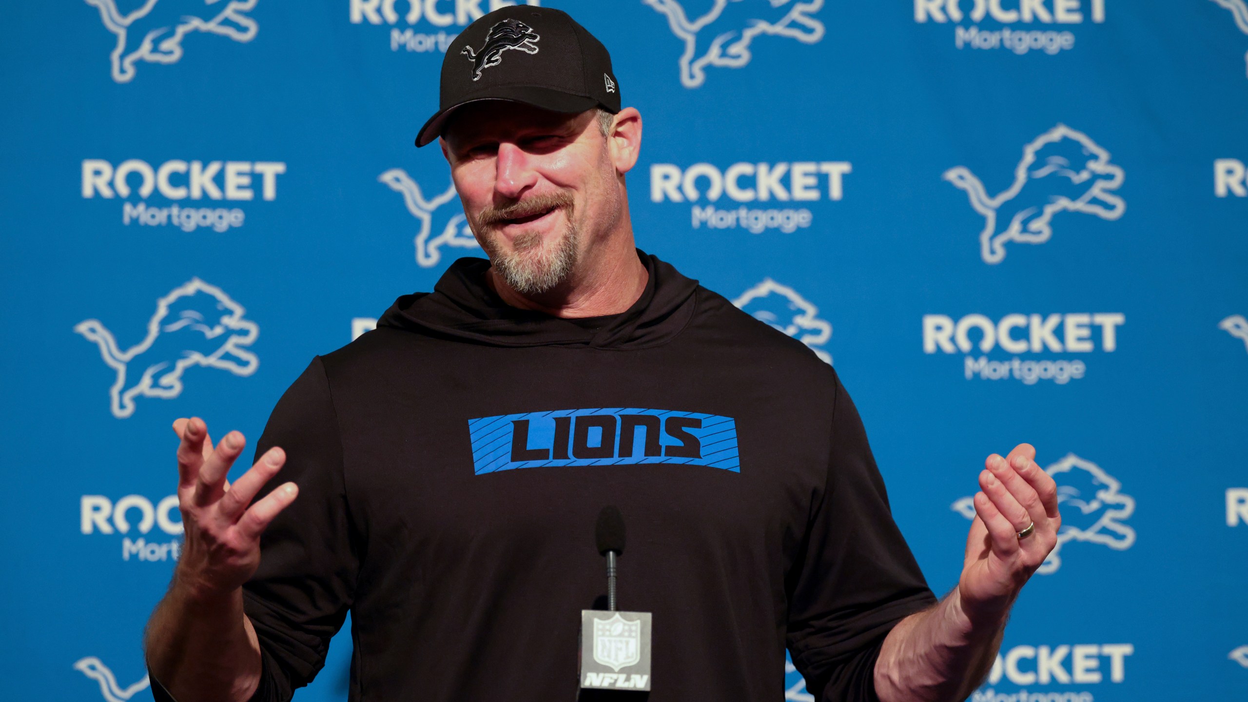 Detroit Lions head coach Dan Campbell answers questions after an NFL football game against the San Francisco 49ers, Monday, Dec. 30, 2024, in Santa Clara, Calif. (AP Photo/Jed Jacobsohn)