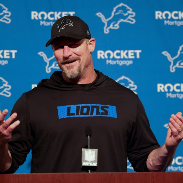 Detroit Lions head coach Dan Campbell answers questions after an NFL football game against the San Francisco 49ers, Monday, Dec. 30, 2024, in Santa Clara, Calif. (AP Photo/Jed Jacobsohn)