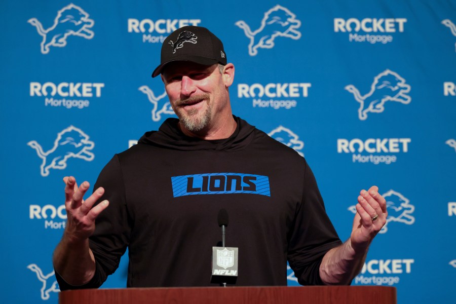 Detroit Lions head coach Dan Campbell answers questions after an NFL football game against the San Francisco 49ers, Monday, Dec. 30, 2024, in Santa Clara, Calif. (AP Photo/Jed Jacobsohn)