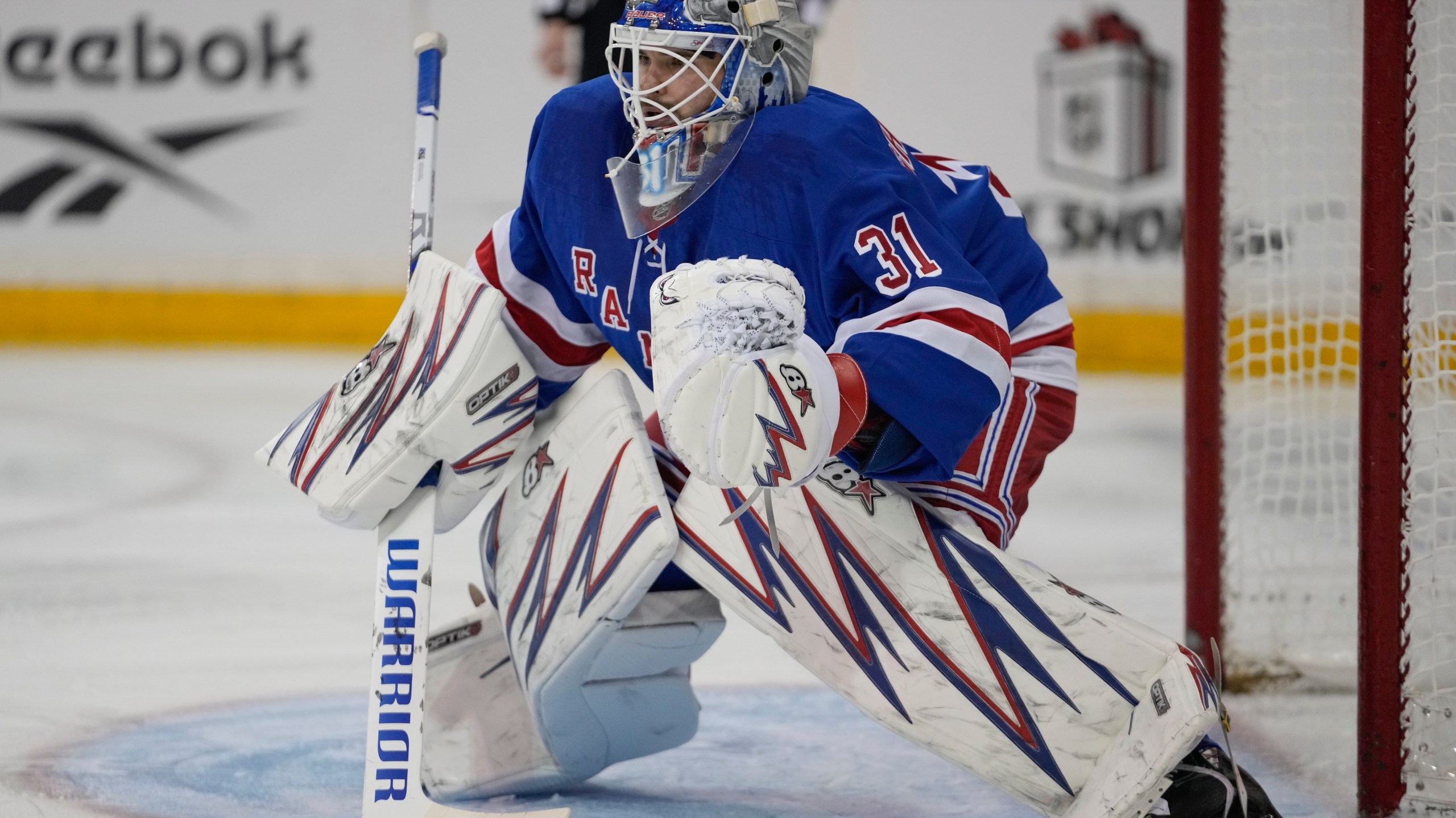 New York Rangers goaltender Igor Shesterkin protects the net during the first period of an NHL hockey game against the Chicago Blackhawks, Monday, Dec. 9, 2024, in New York. (AP Photo/Frank Franklin II)