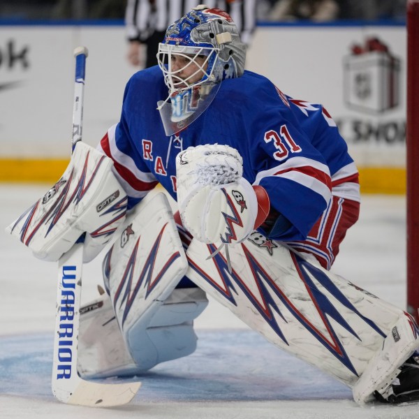 New York Rangers goaltender Igor Shesterkin protects the net during the first period of an NHL hockey game against the Chicago Blackhawks, Monday, Dec. 9, 2024, in New York. (AP Photo/Frank Franklin II)