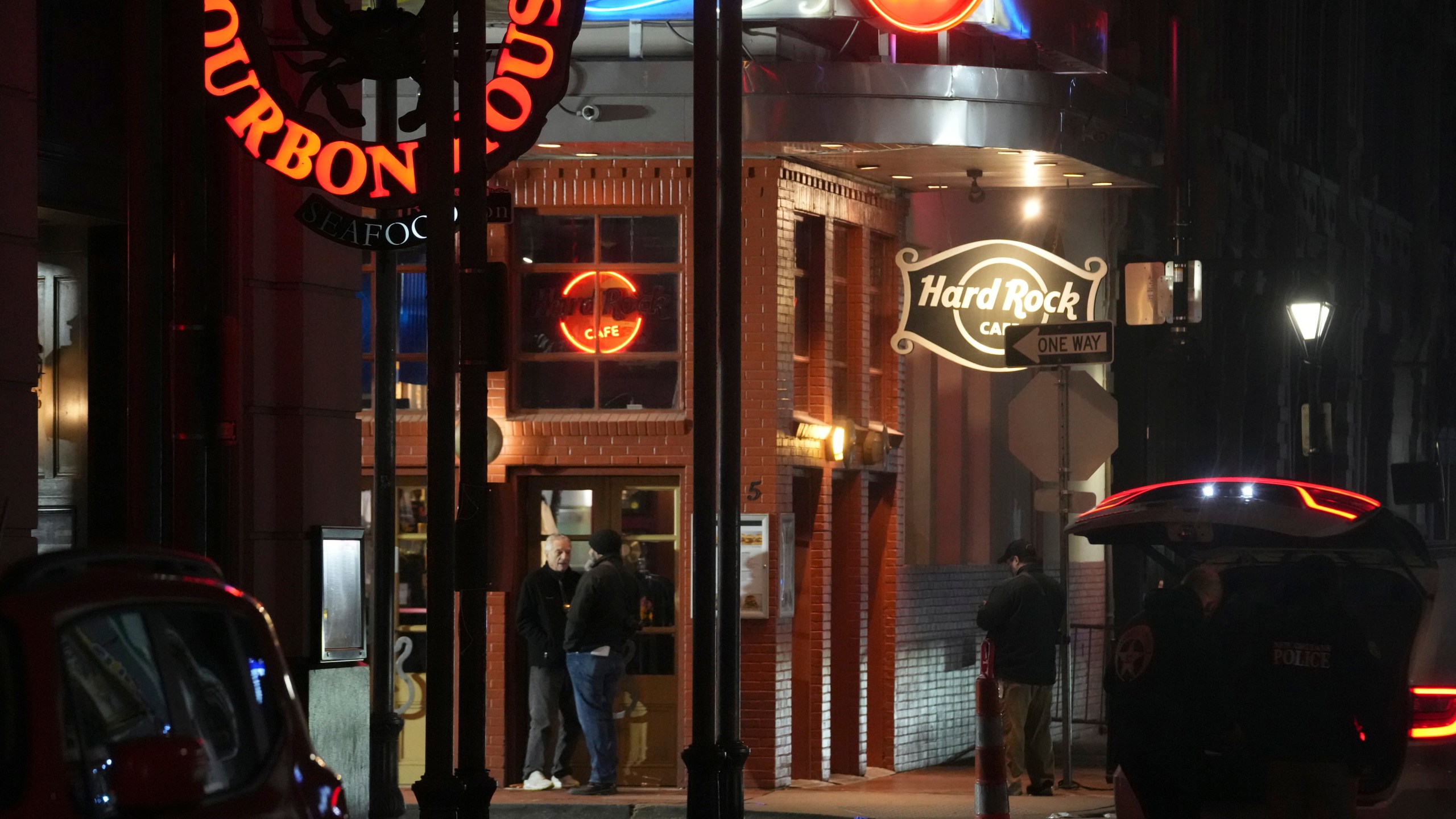 The scene after a vehicle drove into a crowd on New Orleans' Canal and Bourbon Street, Wednesday Jan. 1, 2025. (AP Photo/Gerald Herbert)