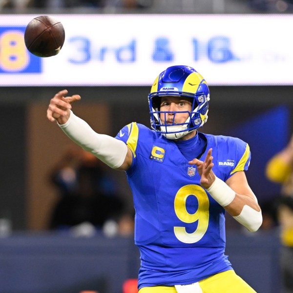 Los Angeles Rams quarterback Matthew Stafford (9) throw a pass during the first half of an NFL football game against the Arizona Cardinals, Saturday, Dec. 28, 2024, in Inglewood, Calif. (AP Photo/Alex Gallardo)