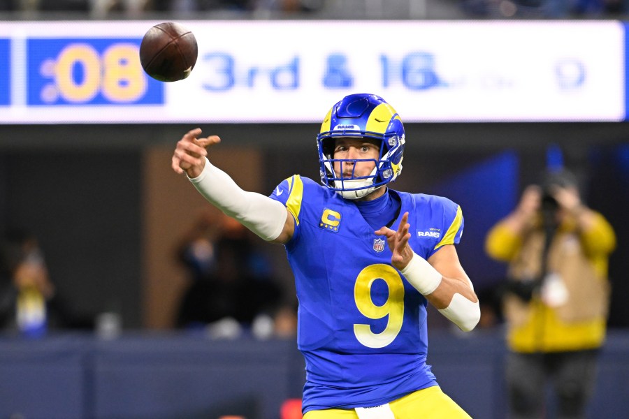 Los Angeles Rams quarterback Matthew Stafford (9) throw a pass during the first half of an NFL football game against the Arizona Cardinals, Saturday, Dec. 28, 2024, in Inglewood, Calif. (AP Photo/Alex Gallardo)