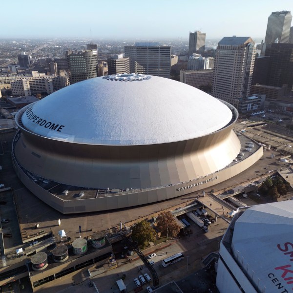 An aerial overall exterior general view of Caesars Superdome, Sunday, Dec. 15, 2024, in New Orleans. (AP Photo/Tyler Kaufman)