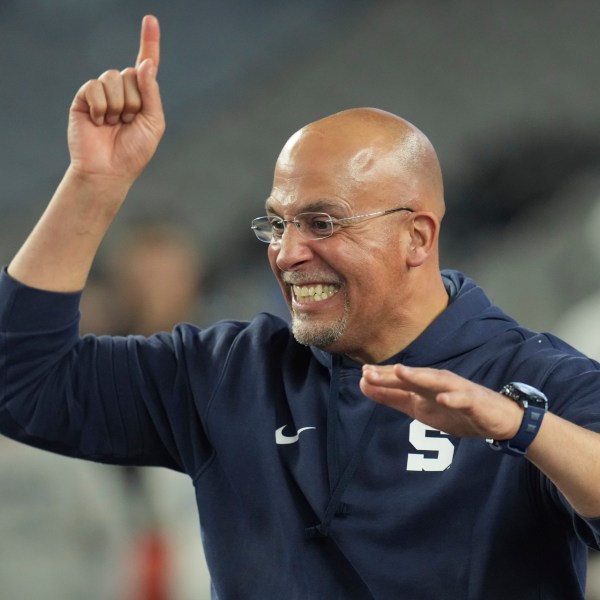 Penn State head coach James Franklin celebrates after the Fiesta Bowl College Football Playoff game against Boise State, Tuesday, Dec. 31, 2024, in Glendale, Ariz. (AP Photo/Ross D. Franklin)