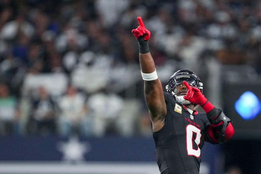 FILE - Houston Texans linebacker Azeez Al-Shaair reacts after a play against the Dallas Cowboys during the second half of an NFL football game, Nov. 18, 2024, in Arlington, Texas. (AP Photo/Tony Gutierrez, File)