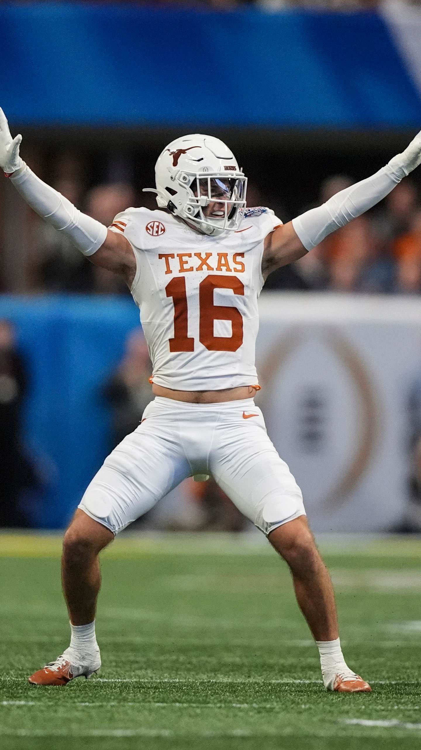 Texas defensive back Michael Taaffe (16) celebrates a play against Arizona State during the first half in the quarterfinals of a College Football Playoff, Wednesday, Jan. 1, 2025, in Atlanta. (AP Photo/Brynn Anderson)