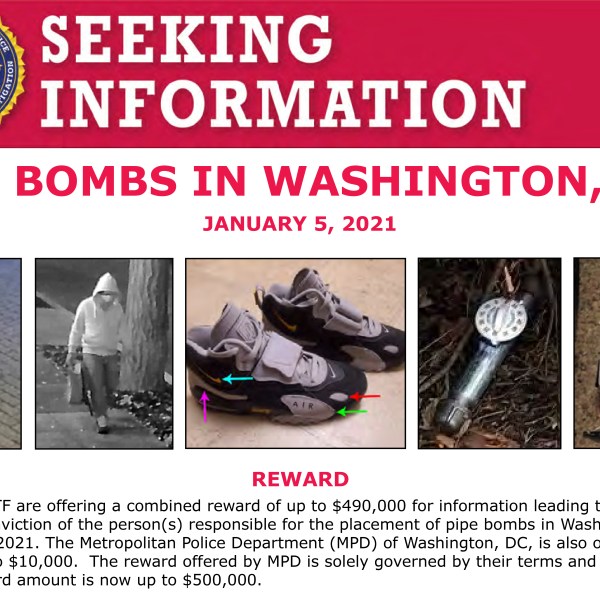 This image shows part of a "Seeking Information" notice released by the Federal Bureau of Investigation regarding pipe bombs planted outside offices of the Democratic and Republican national committees in Washington on Jan. 5, 2021, on the eve of the attack on the Capitol. (FBI via AP)