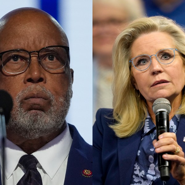 This combo photo shows Rep. Bennie G. Thompson, D-Miss., speaking during the Democratic National Convention on Wednesday, Aug. 21, 2024, in Chicago, left; and Former Republican Congresswoman Liz Cheney speaking during a town hall with Democratic presidential nominee Vice President Kamala Harris at The People's Light in Malvern, Pa., Monday, Oct. 21, 2024, right. (AP Photo/Erin Hooley/Matt Rourke)