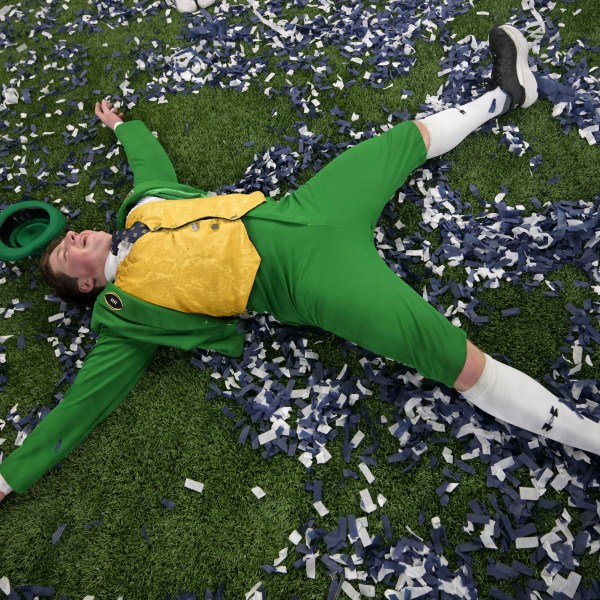 Notre Dame mascot Colin Mahoney celebrates after a quarterfinal game against Georgia in a College Football Playoff, Thursday, Jan. 2, 2025, in New Orleans. (AP Photo/Matthew Hinton)