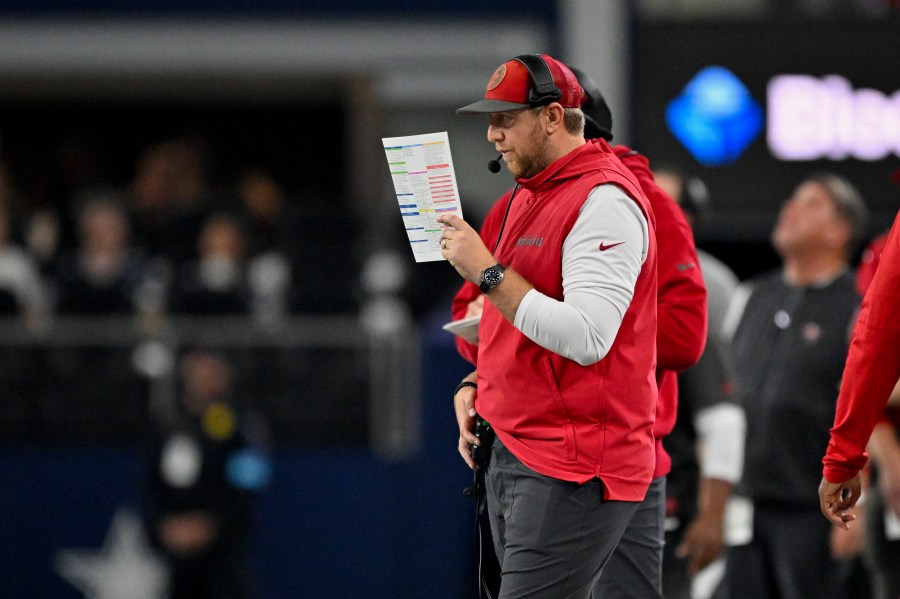 FILE - Tampa Bay Buccaneers offensive coordinator Liam Coen looks on from the sidelines during an NFL football game against the Dallas Cowboys in Arlington, Texas, Dec. 22, 2024. (AP Photo/Jerome Miron, File)