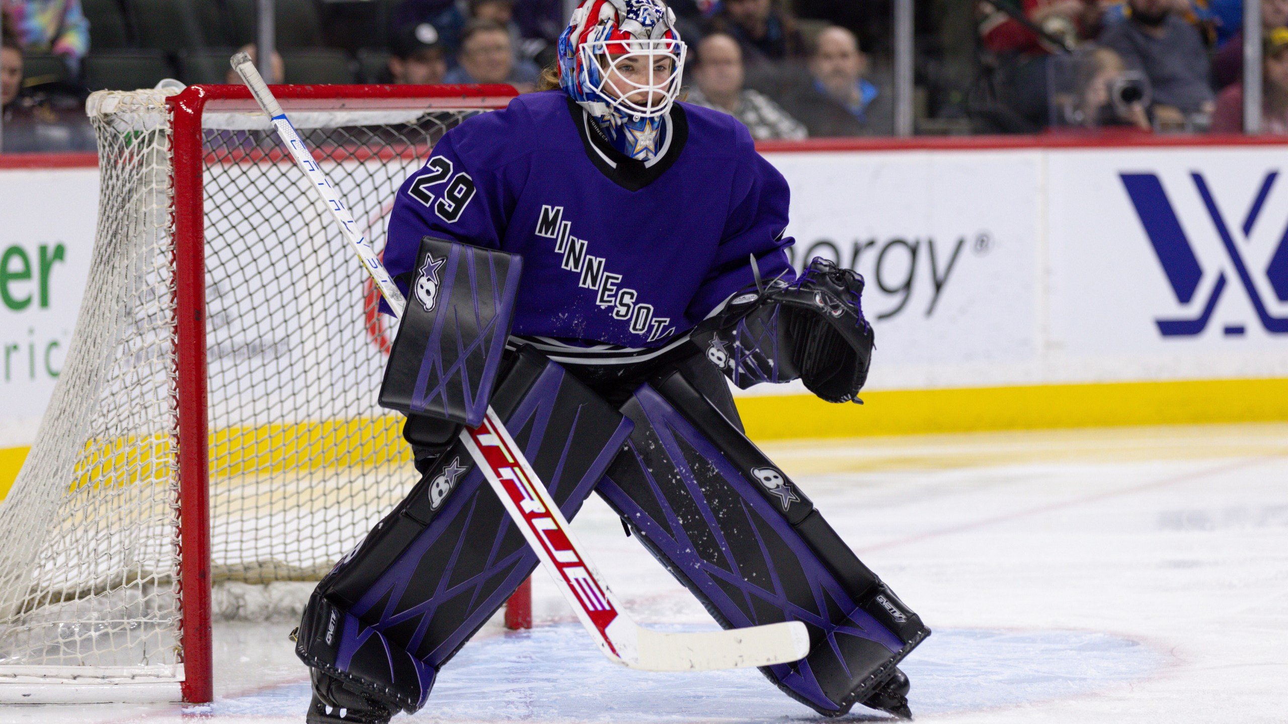 FILE -Minnesota goalie Nicole Hensley watches play during the second period of the team's PWHL hockey game against Toronto on Wednesday, Jan. 10, 2024, in St. Paul, Minn. (AP Photo/Bailey Hillesheim, File)